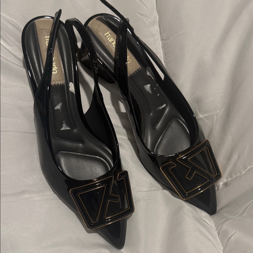 Franco Sarto Black Patent Mules with Gold Accent